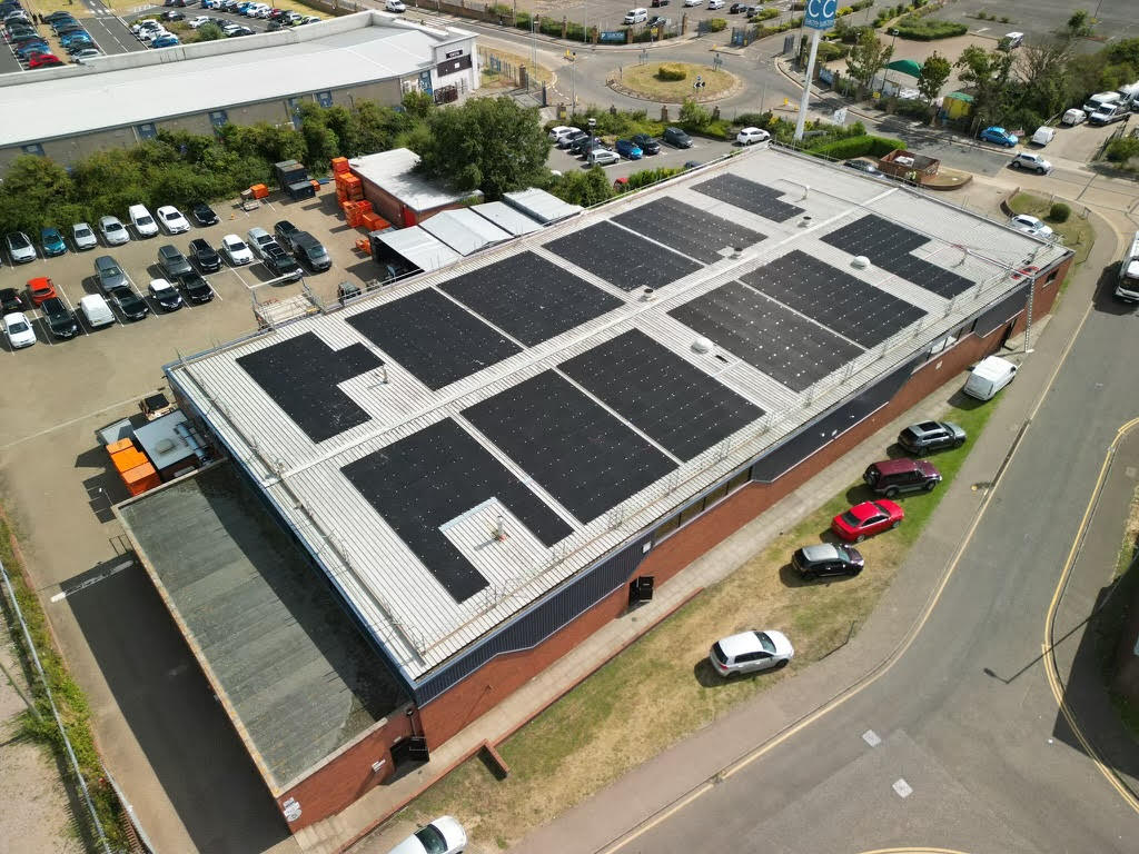 Solar panels on the roof of a warehouse