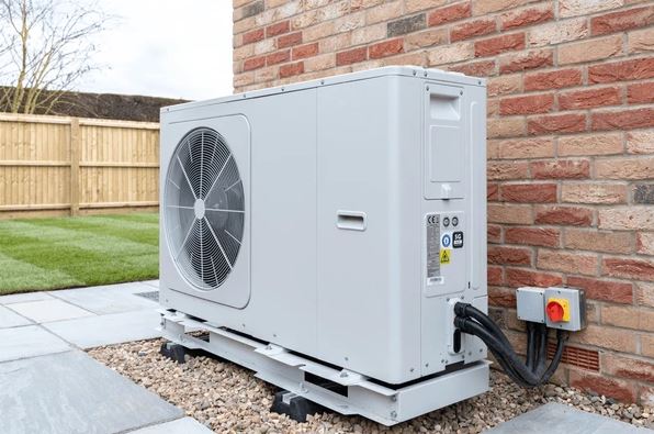 An air source heat pump which has been installed next to an outside wall in a garden.