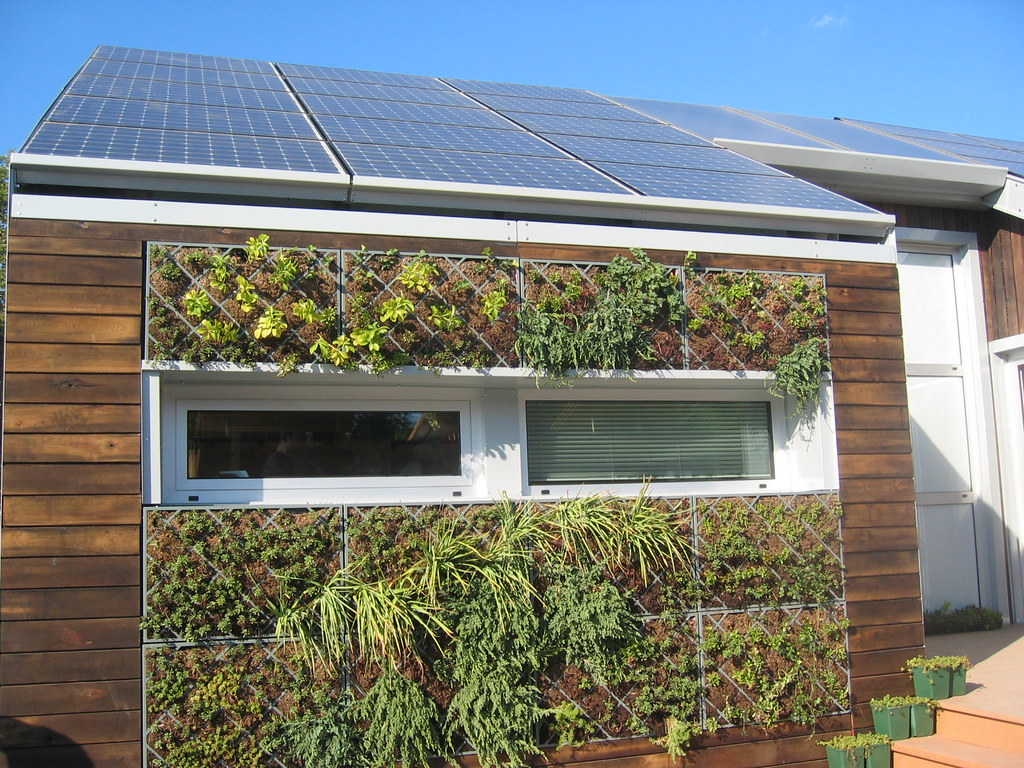 Solar panels on the roof of a house. It looks like it's an extension of a kitchen or utility room.