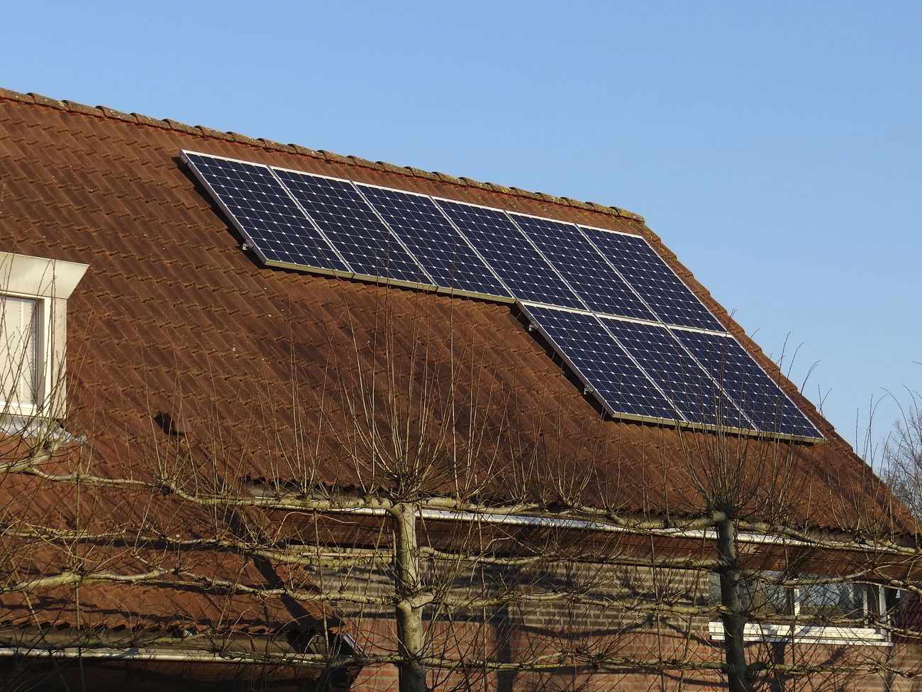 Solar panels on a roof on a clear Autumnal day.