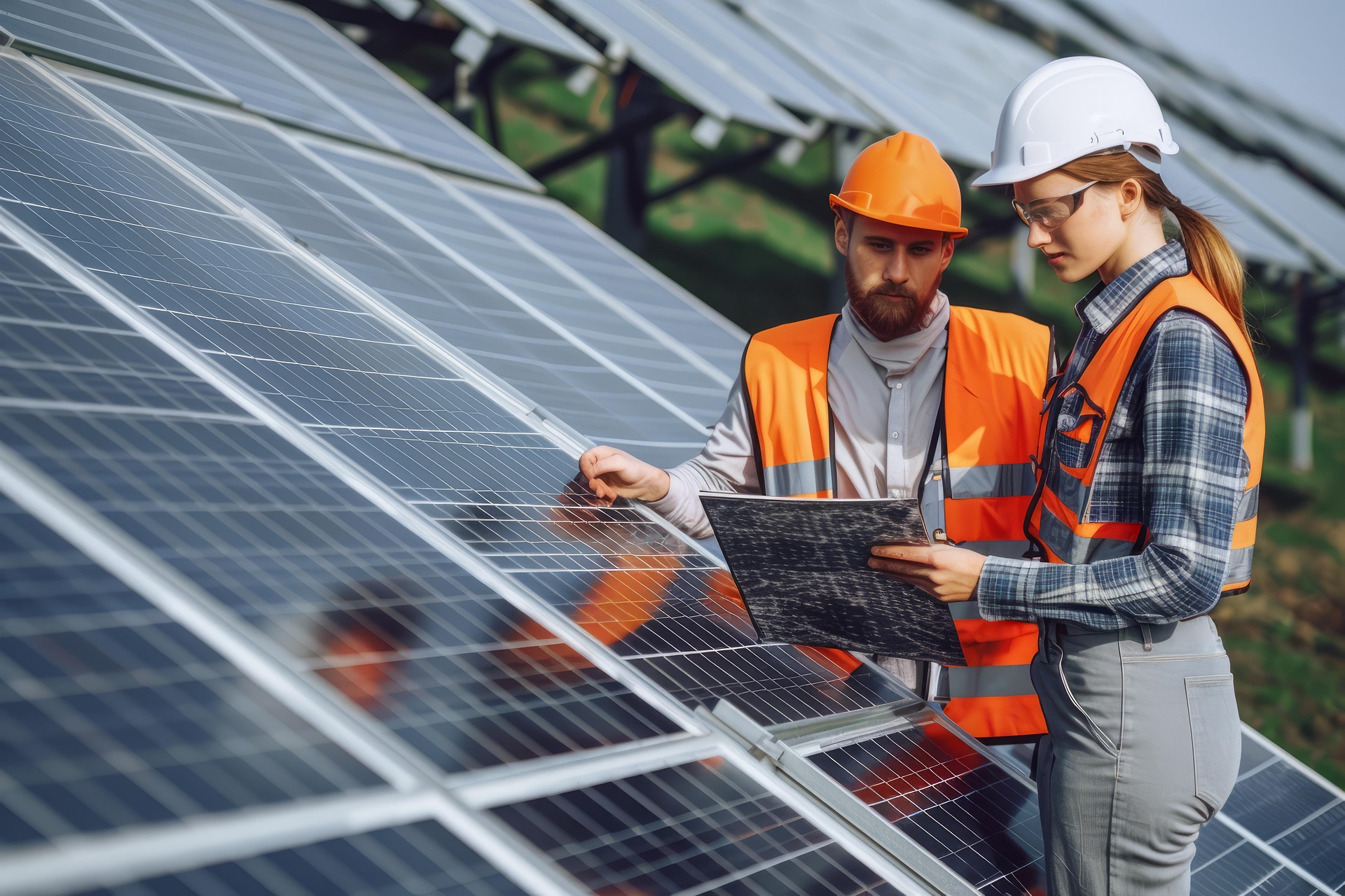 Maintenance of commercial solar panels. Two people in a high vis undertaking Maintenance of commercial solar panels.