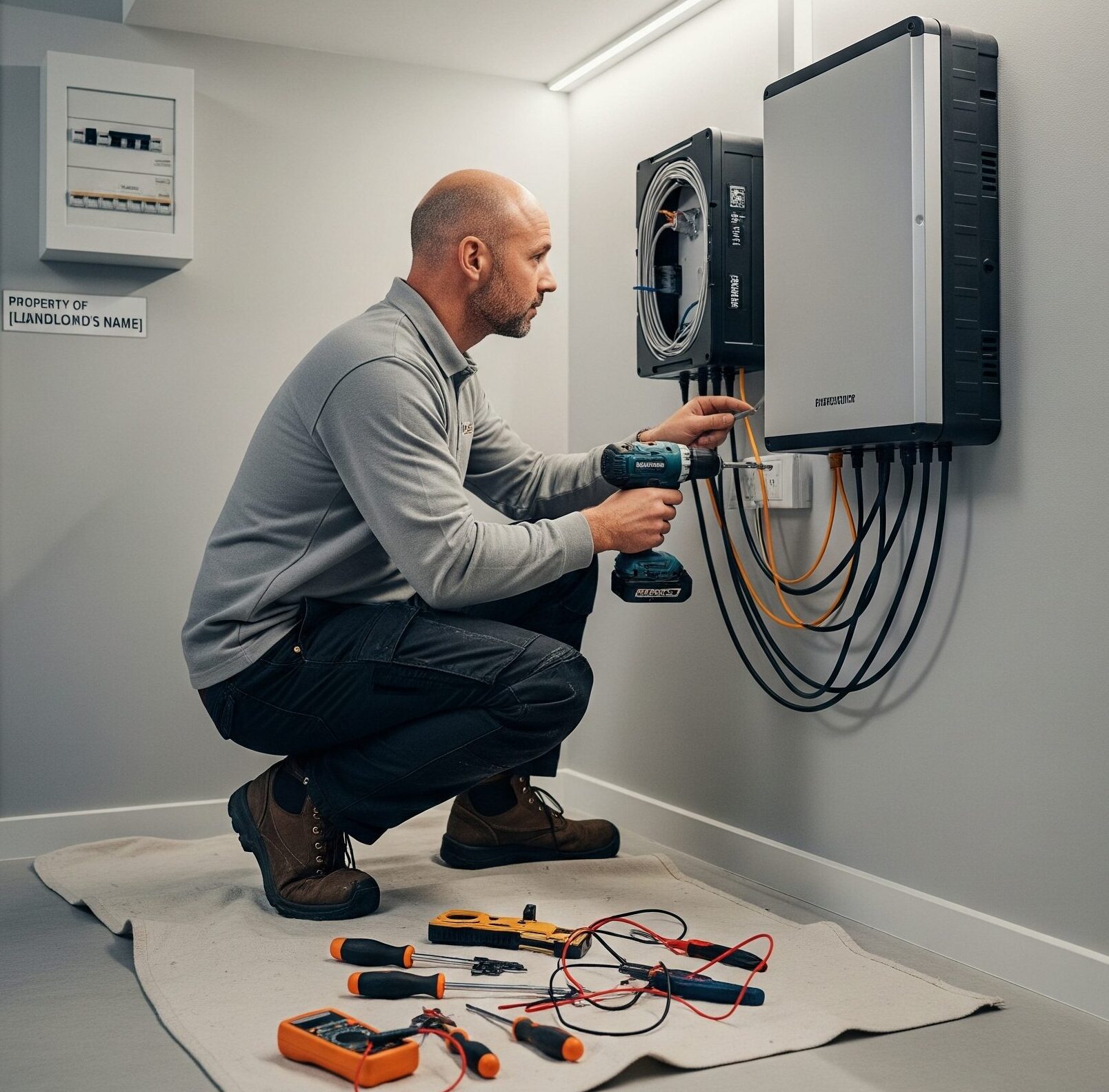 A bald man installs a solar battery in a landlord's property. A bald man installs a solar battery in a landlord's property.