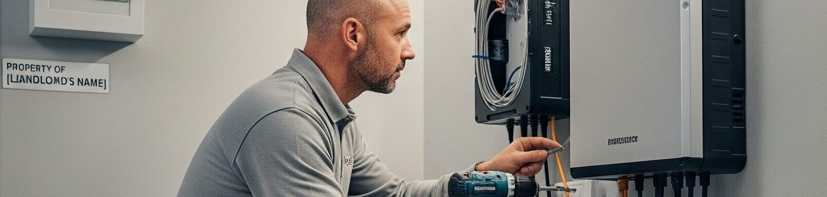 A bald man installs a solar battery in a landlord's property.