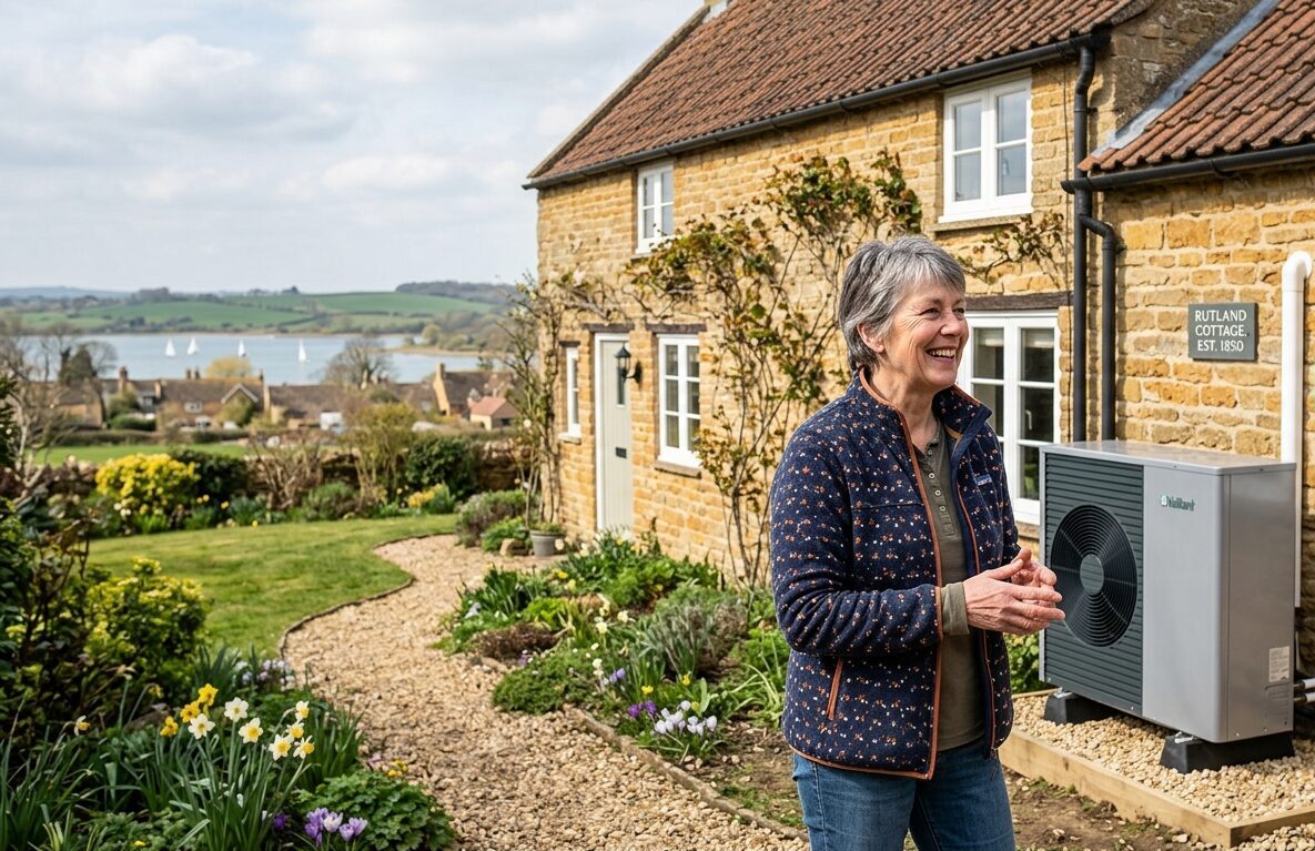 A middle aged woman happy with her new air source heat pump in Rutland.