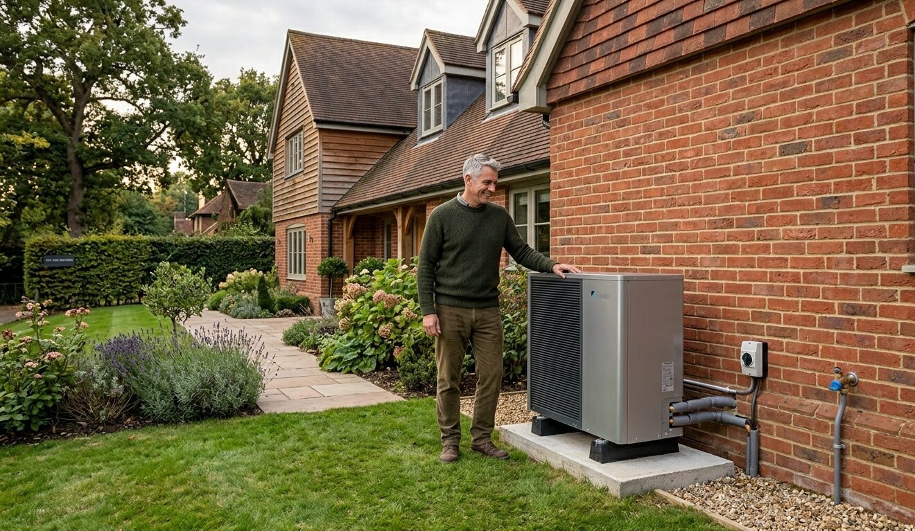 A man in his mid-fifties with greying hair, is standing looking at an air source heat pump looking proud.