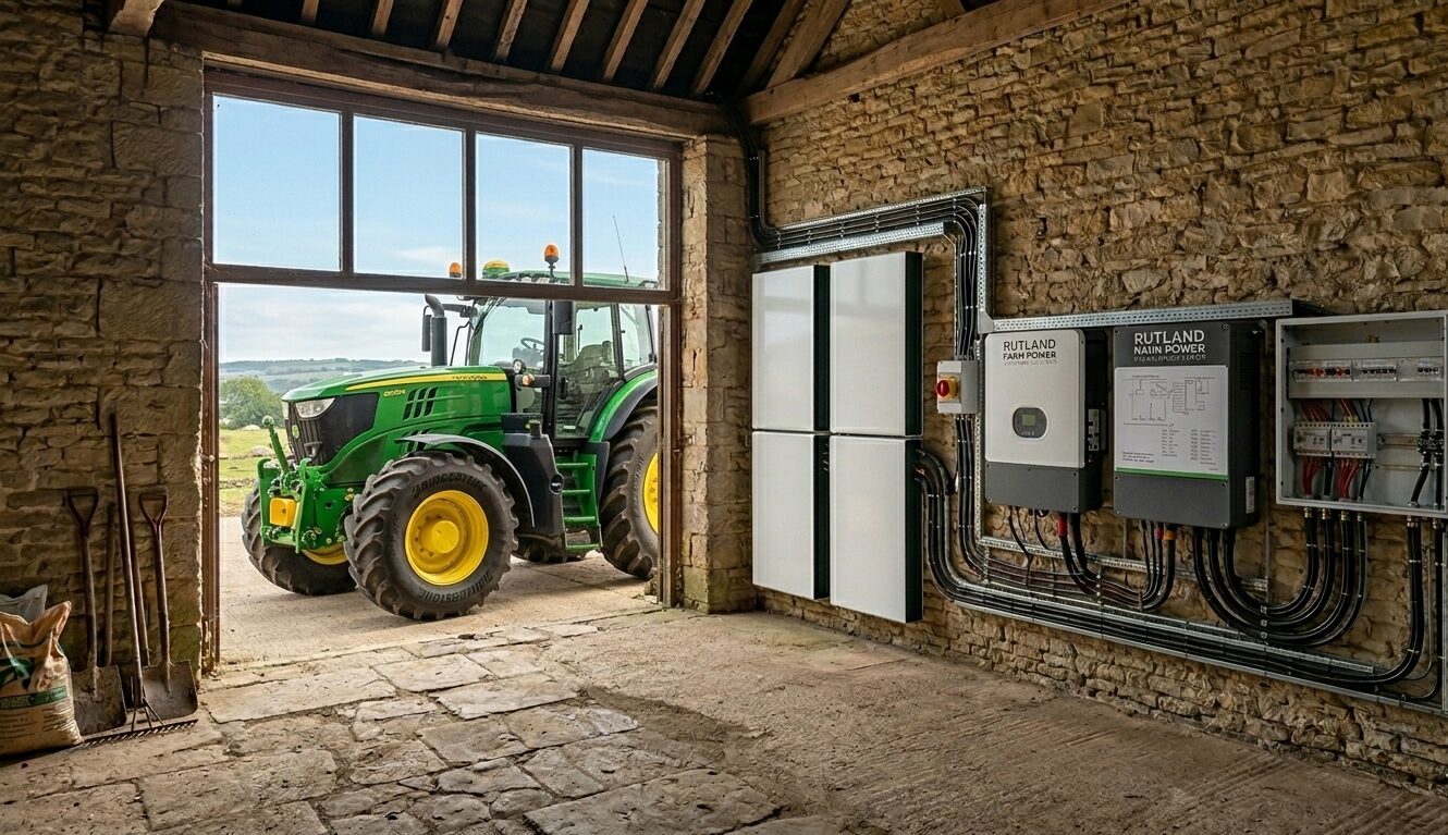 Solar Battery storage on a barn wall with a green tractor outside.