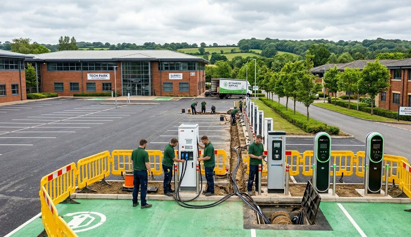 EV chargers being installed at a business park in Surrey.