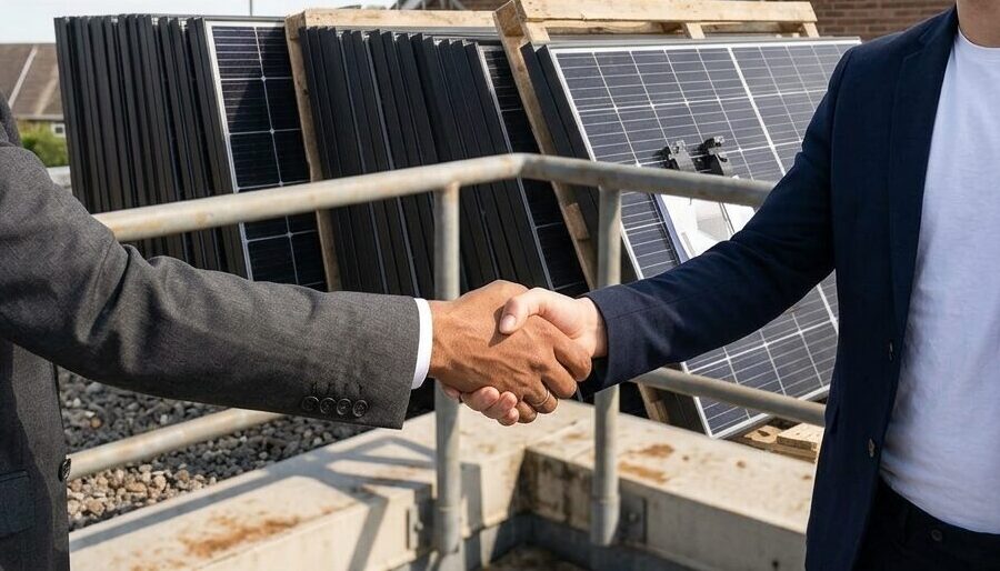 Two men shaking hands in front of domestic solar panels.