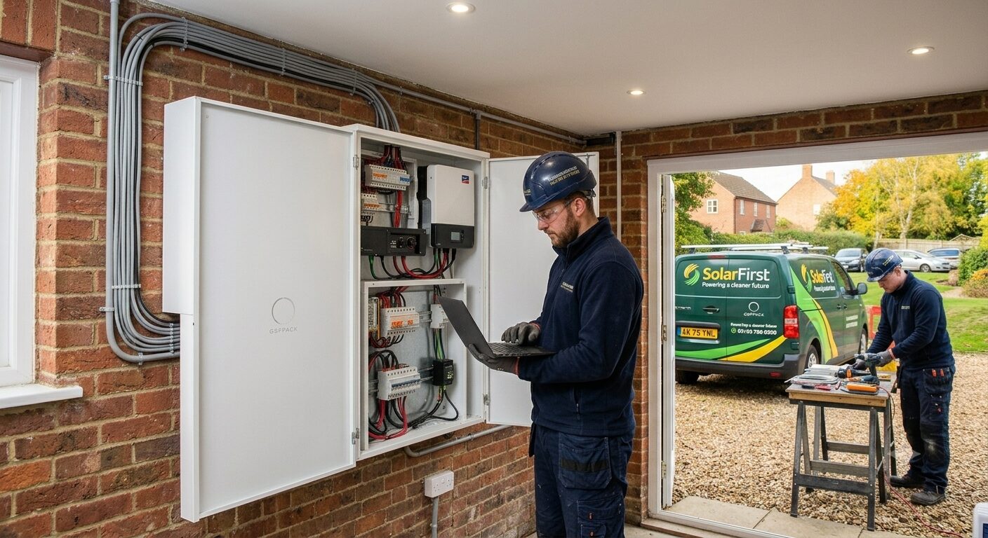 A man installing a solar battery at a Cambridgeshire property.