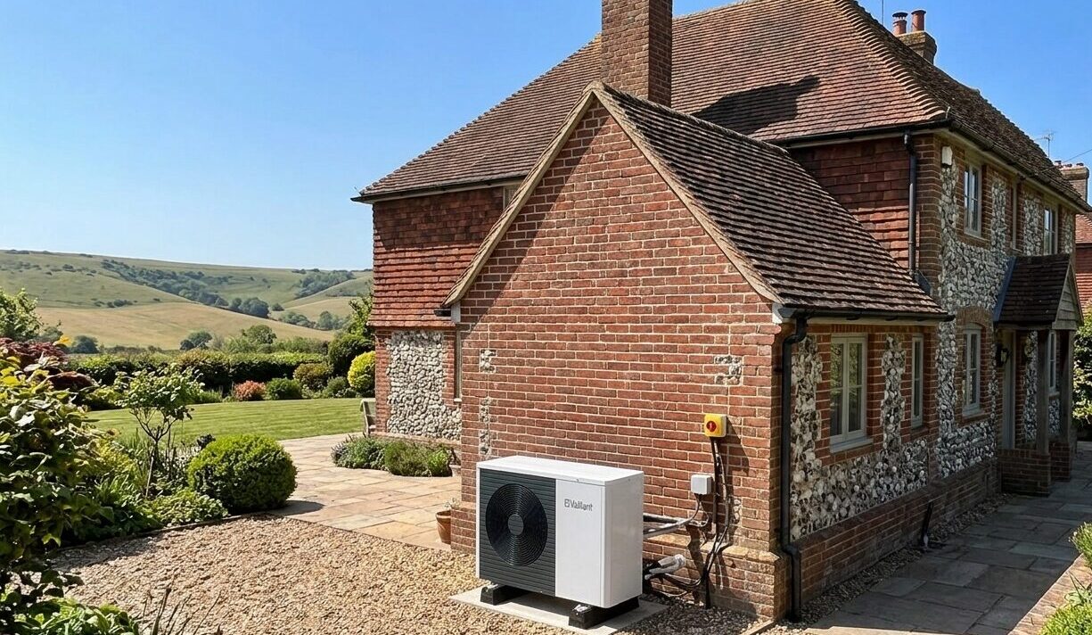 An air source heat pump at a home in the Sussex Downs.