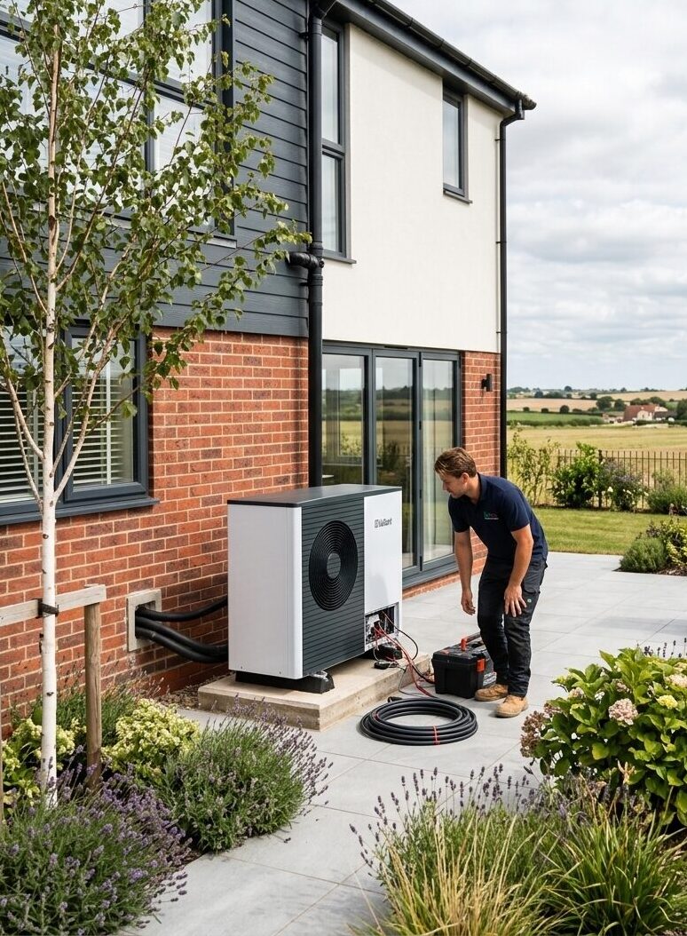 An air source heat pump in the garden of a modern Lincolnshire home.