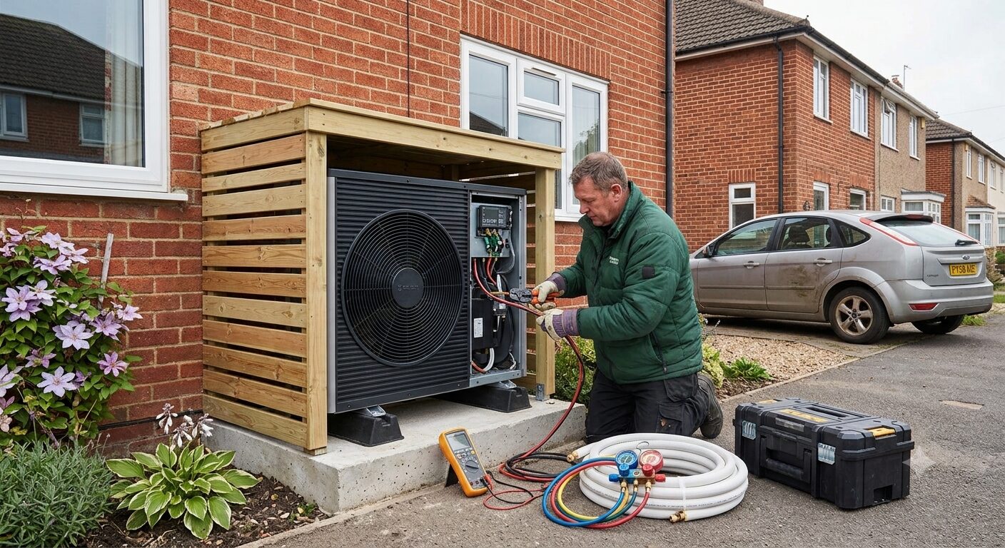 An engineer in a green jacket installs an air source heat pump at a house in Northampton.