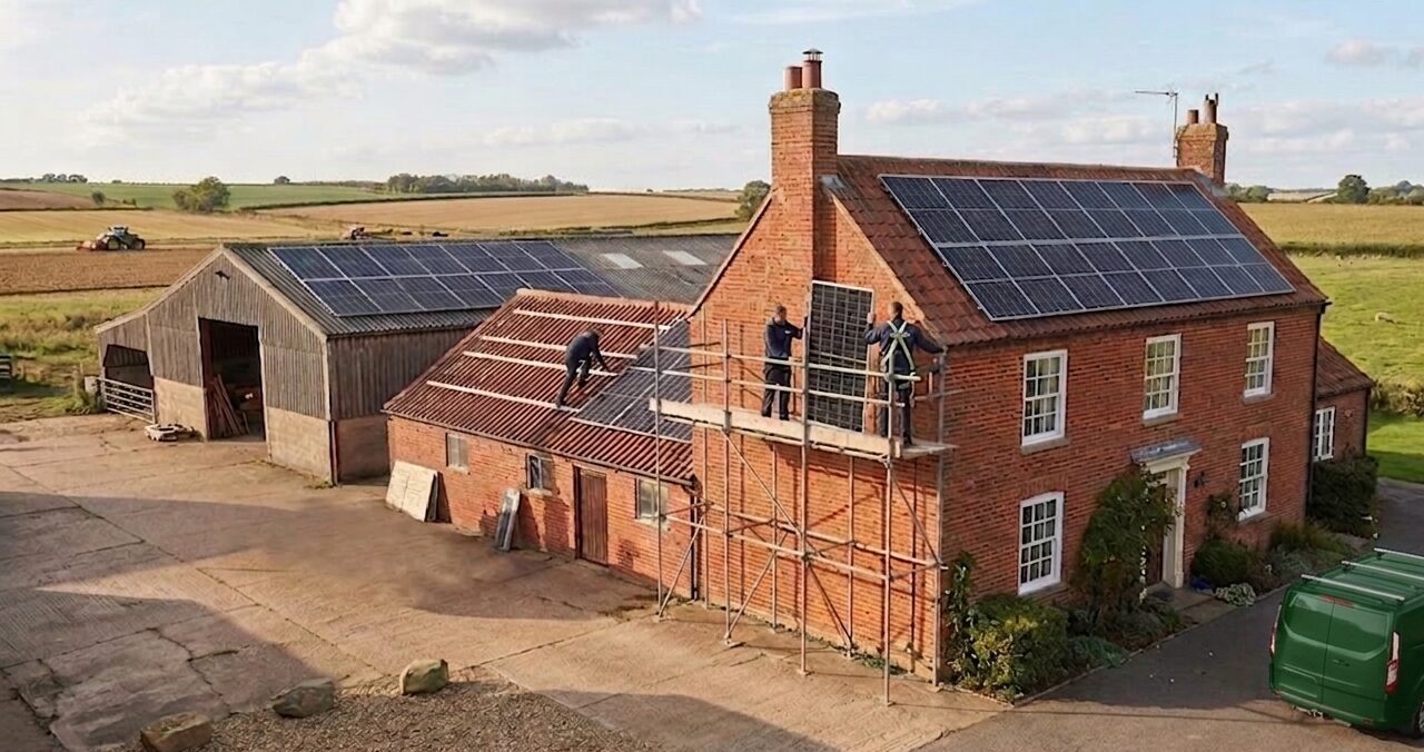 Solar panels being installed at a Lincolnshire farmhouse.