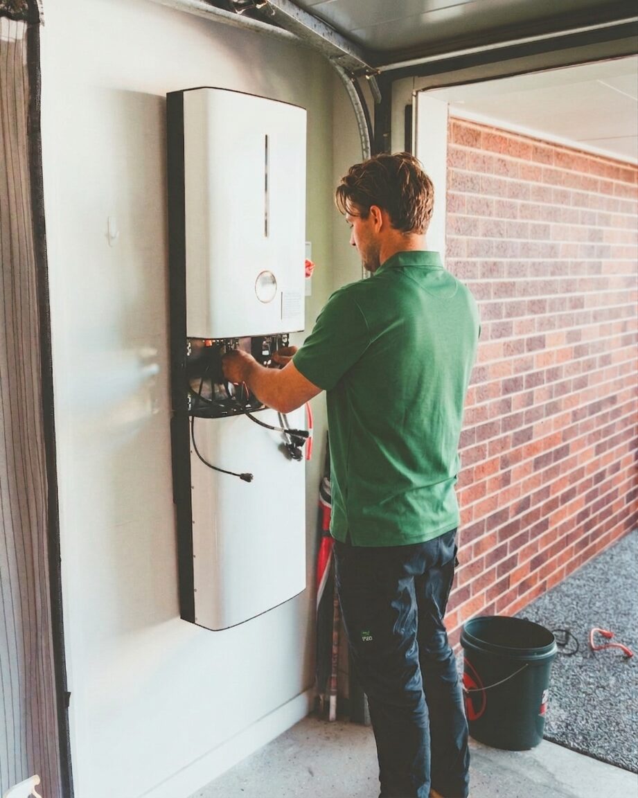 A man in a green polo shirt installs a solar battery.