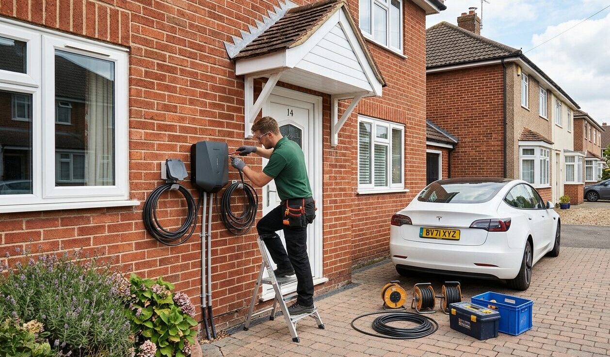 An engineer installing an EV charger at a typical Northamptonshire property.