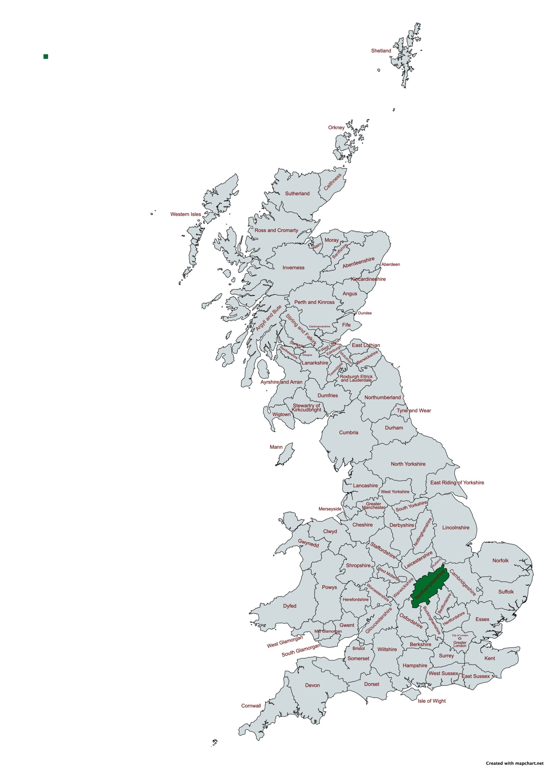 The UK map with Northamptonshire highlighted.