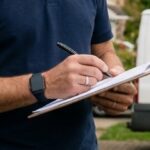 An owner of a solar panel company assessing someone's home to quote them for solar panels.