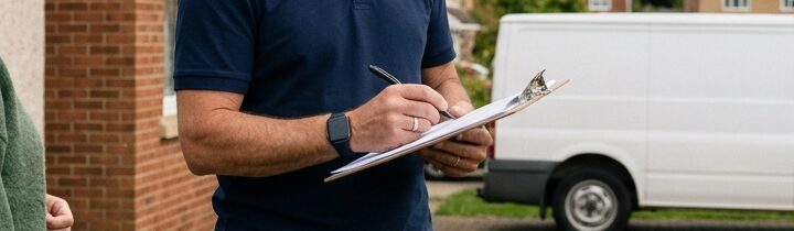 An owner of a solar panel company assessing someone's home to quote them for solar panels.