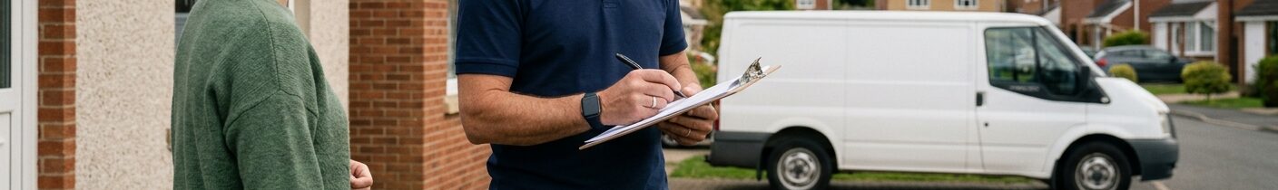 An owner of a solar panel company assessing someone's home to quote them for solar panels.