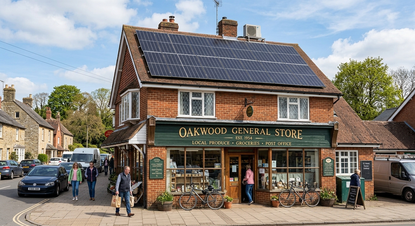 Solar panels on the roof of a local village shop.