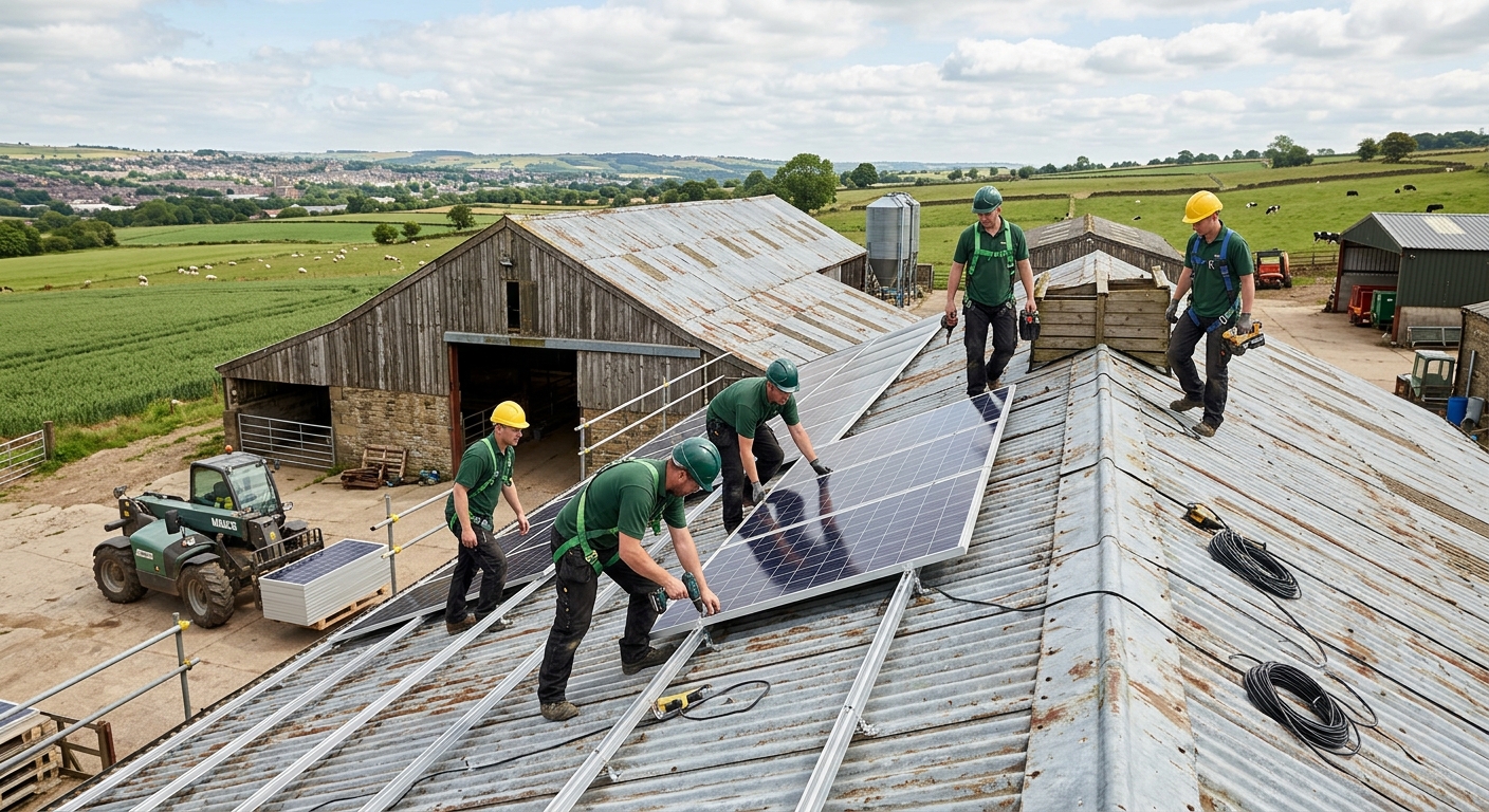 A team of installers putting solar panels on a barn roof.