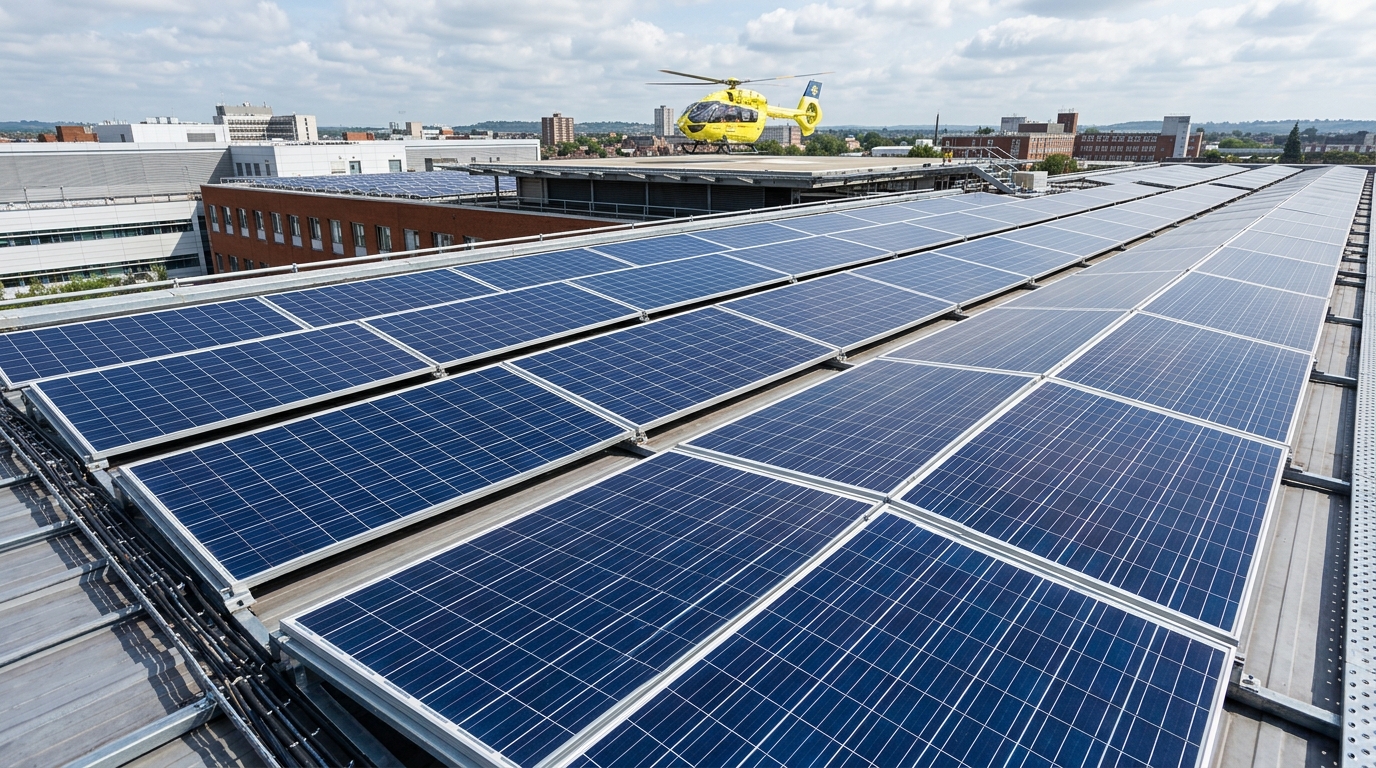 Solar Panels on the roof of a hospital with an air ambulance in the background.