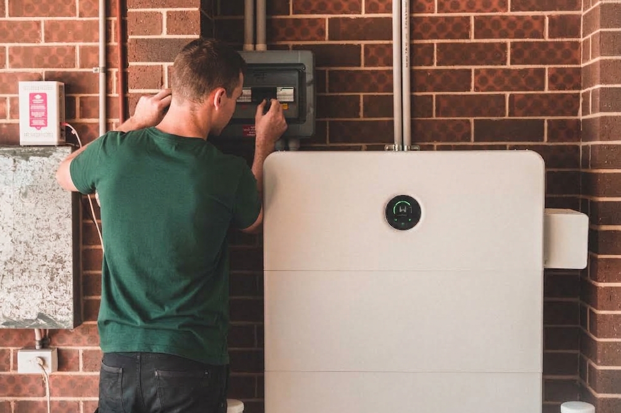 A young installer in a green t-shirt installing a solar battery.
