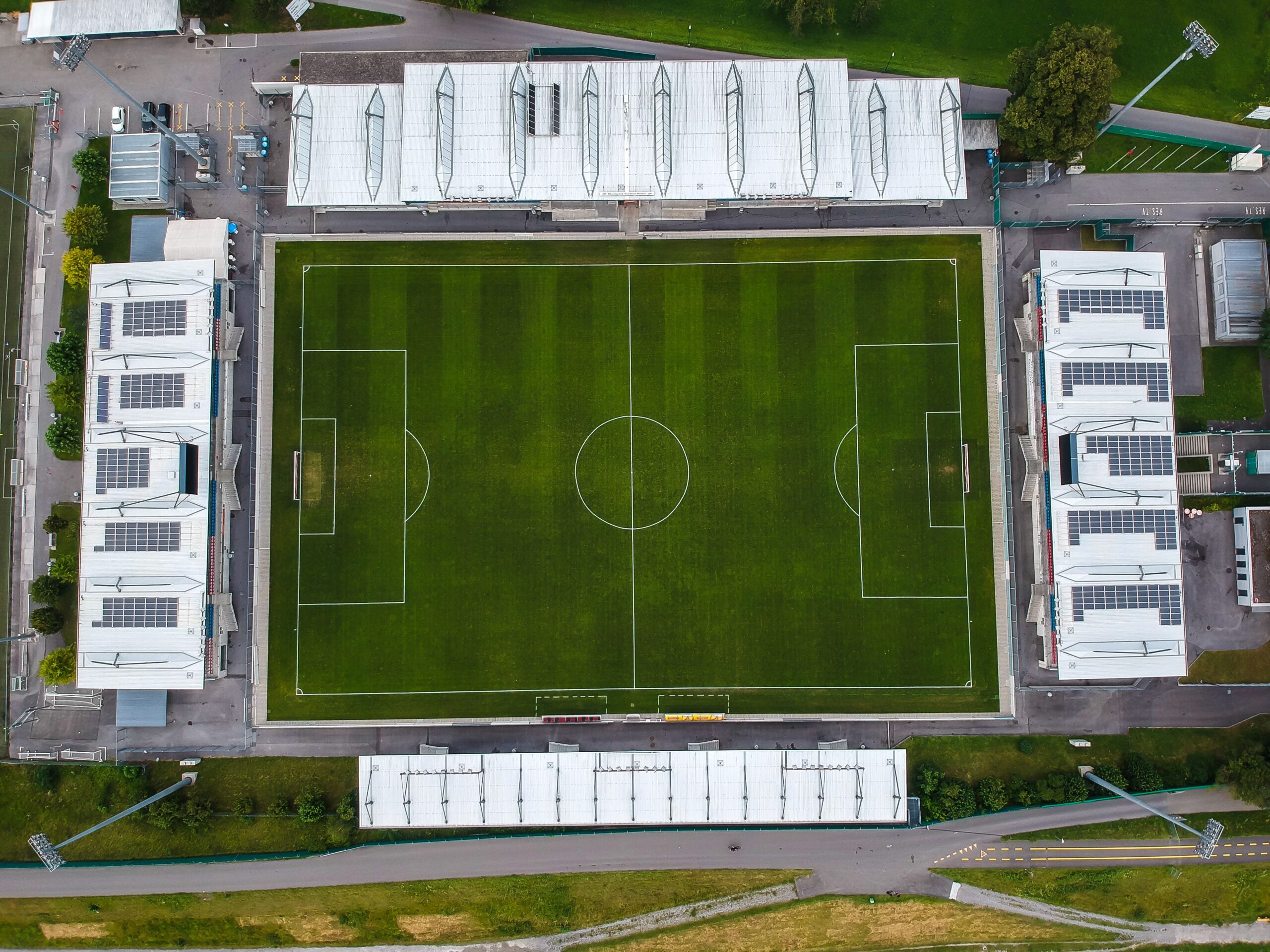 Solar Panels on the roof of football club stands.