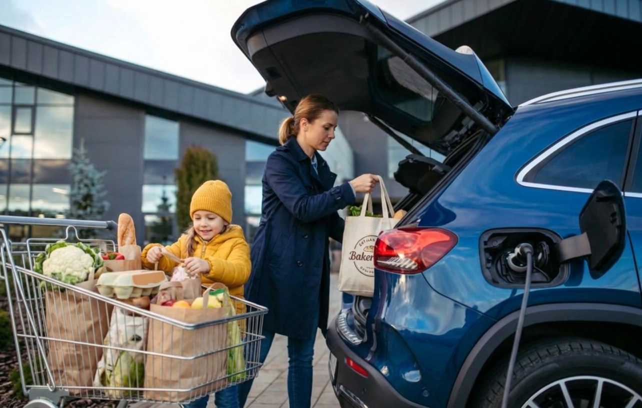 A woman with a child coming back to a blue EV with grocery shopping.