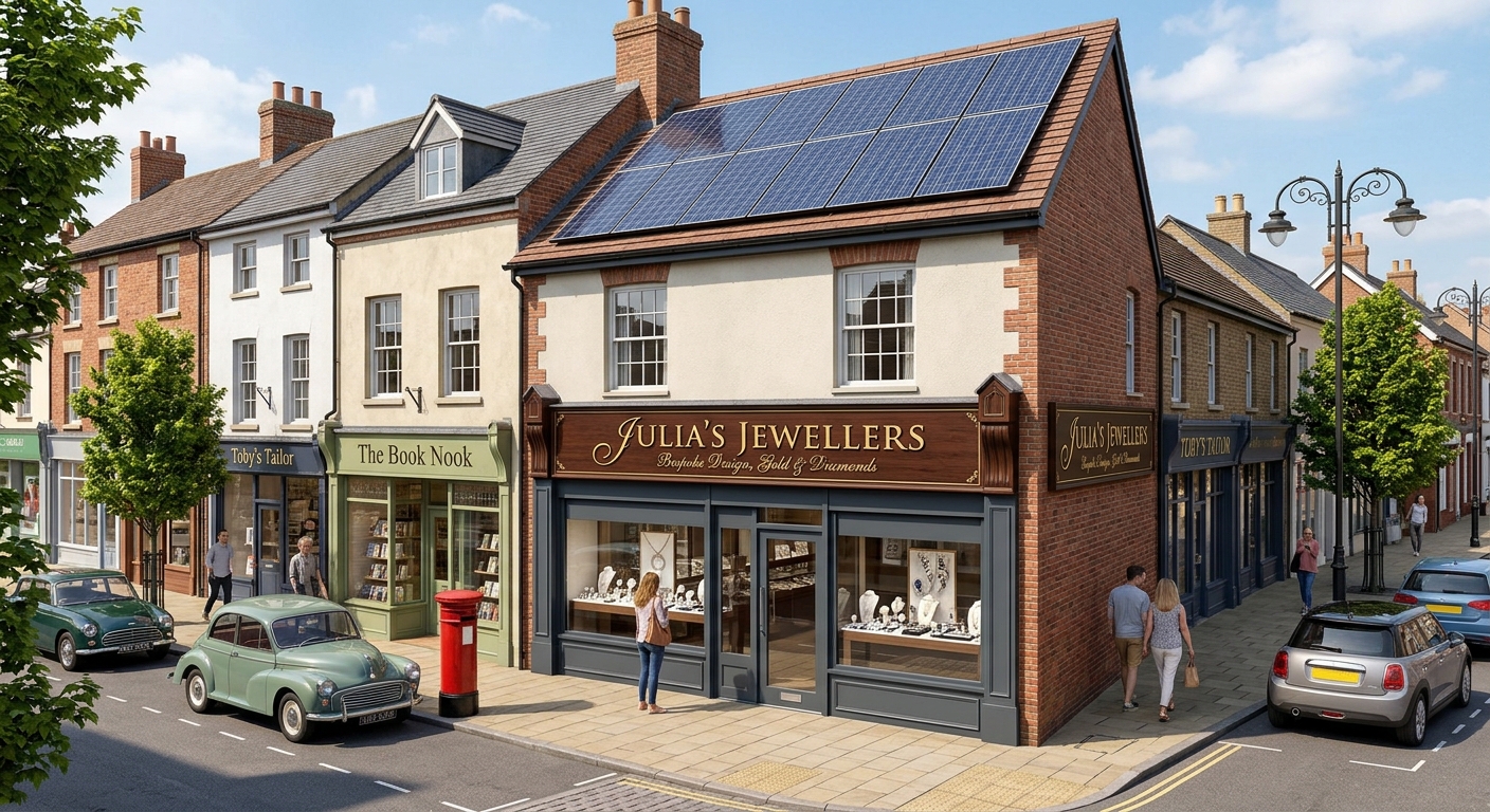Shop on a high street with solar panels on its roof. 
