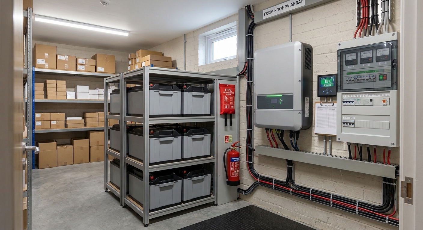 A solar battery set up in a shop's store room.